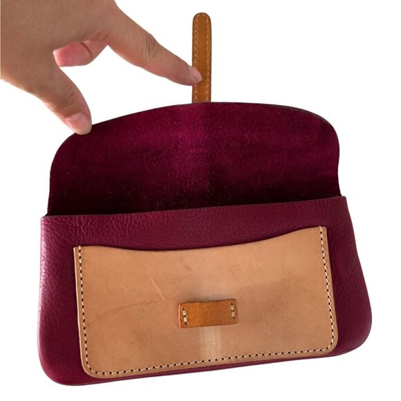 Handmade Leather Clutch Wallet Tan & Burgundy Zipper Interior Compact Design - Picture 3 of 10